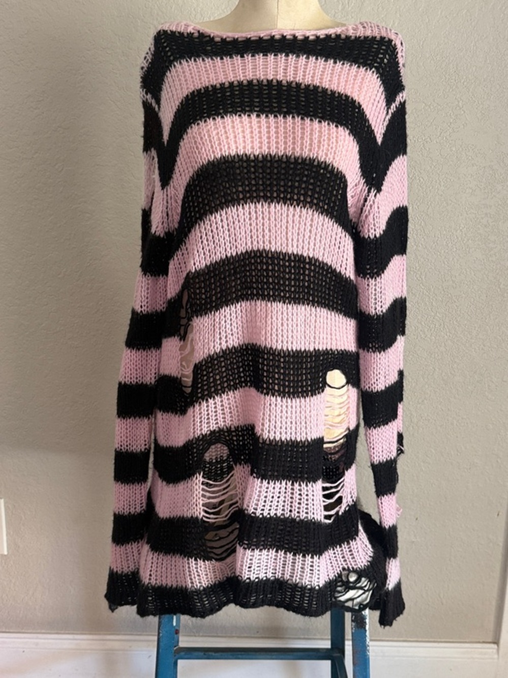 Killstar Pink and Black Distressed Striped Goth Emo Scene Sweater